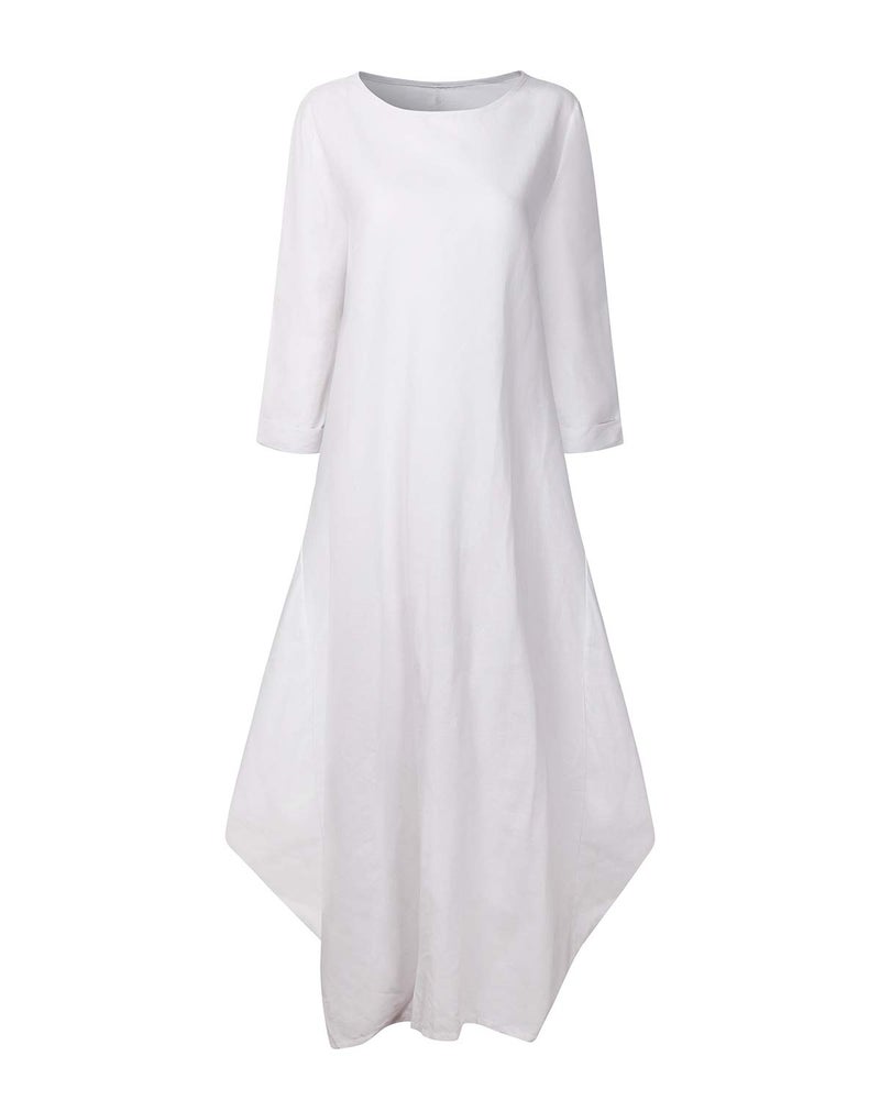 Jacansi Women Boho Beach Party Plain Cotton Linen High Low Hem Kaftan Dress (04-White, L) - Image 2